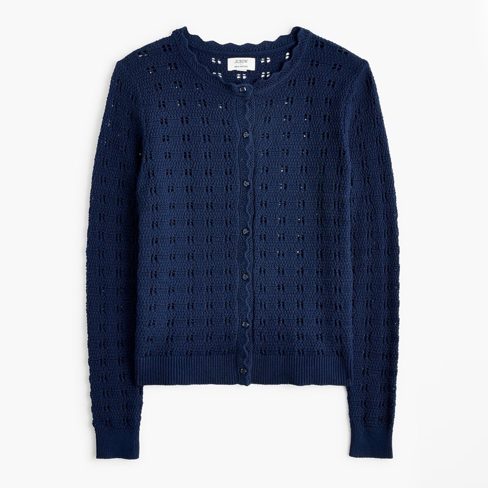 J CREW Scalloped Pointelle Crochet Cardigan Sweater 100% Cotton LARGE Blue